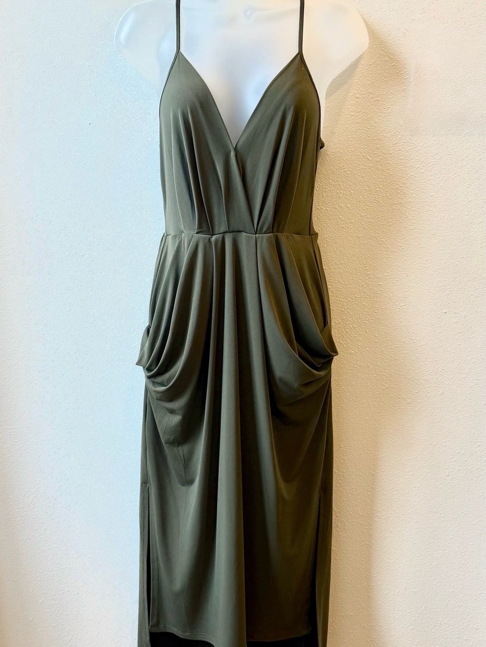 BCBGeneration Olive Green Spaghetti Strap Draped Midi Dress